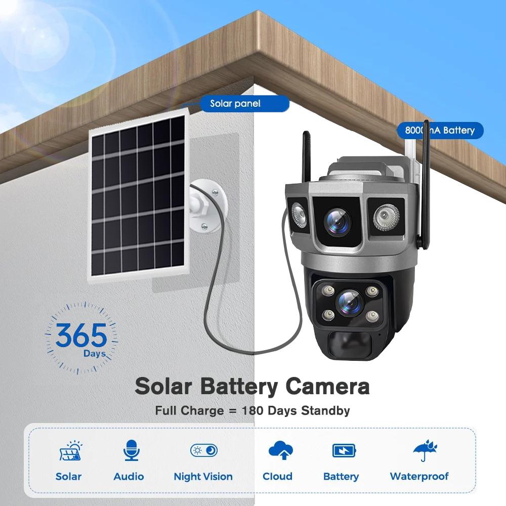 Solar-powered Surveillance Camera, HD 2-lens 3-screen Display, 10x Zoom, Automatic Human Detection Tracking, 4G/WIFI CCTV Recorder