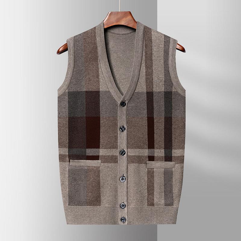 Cardigan Vesta Lână cu Gât în V pentru Bărbați, Tricotat cu Blocuri de Culoare, Vesta Tricotată Fără Mâneci, Jachetă cu Clips Cal