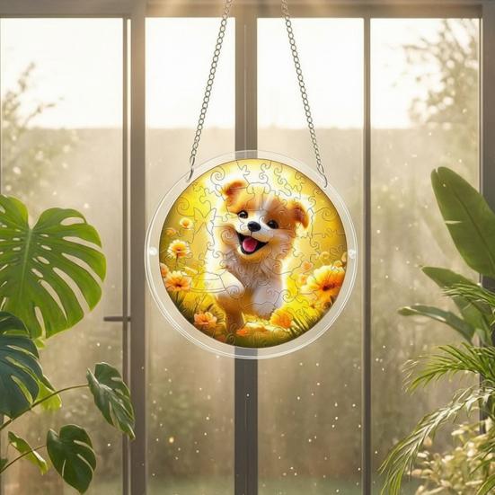 Stained Glass Suncatcher, Acrylic Puzzle Hanging Decoration, 7.48 Inch Round DIY Kit for Adults, Relaxing Craft Gift for Women Moms Puzzle Lovers
