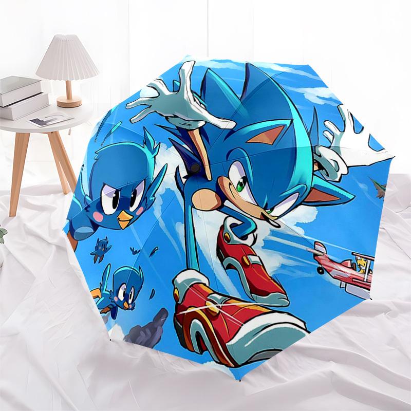 1pc Sonic the Hedgehog Automatic Folding Umbrella - Portable 3-Fold Design with 8-Bone Iron Frame, Outdoor for Fans, Travelers, Daily Use, Gift Idea.Q