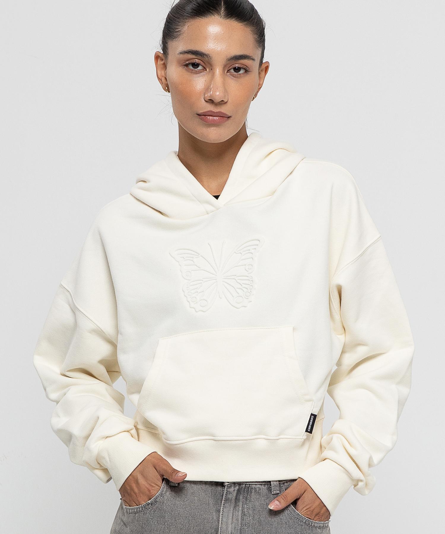 Chambros Women S Butterfly Embossed Print Sweatshirt Crop Hoodie [Cream] Cream/Free