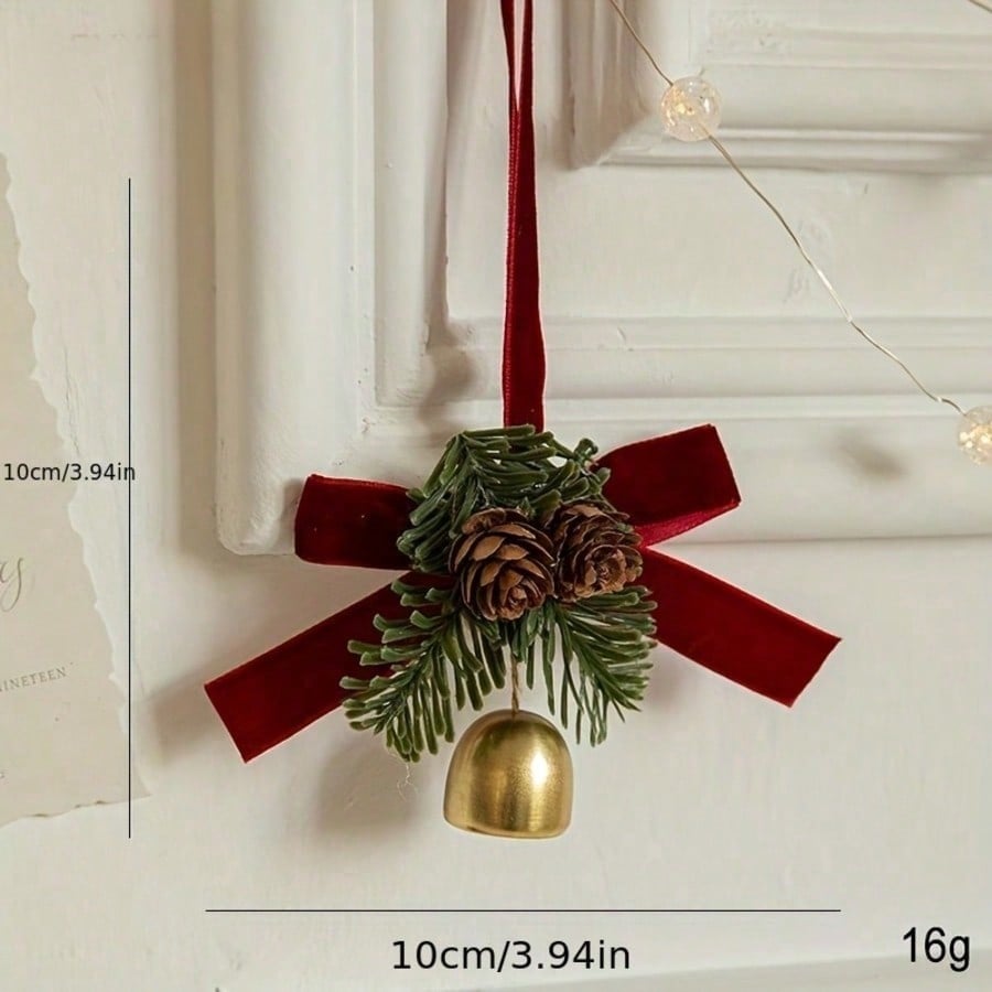 Christmas Bell Hanging Ornament Velvet Red Bow Pine Cone Pine Branch Pendant for Xmas Tree Window Door Holiday Party Decoration