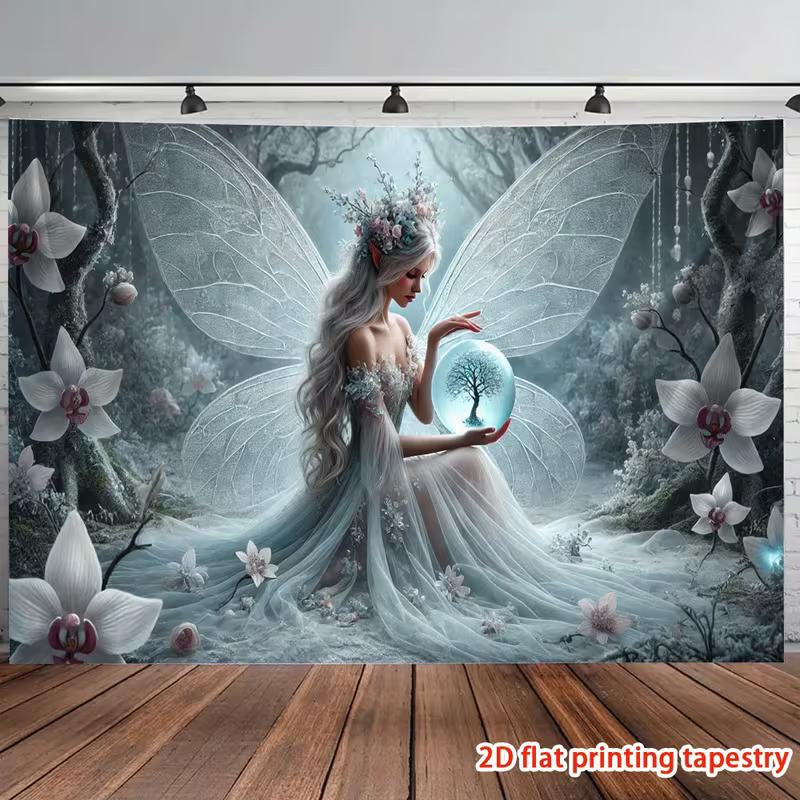 2D White Ice Fairy Tapestry Magical Orchid Forest Wall Art Decor