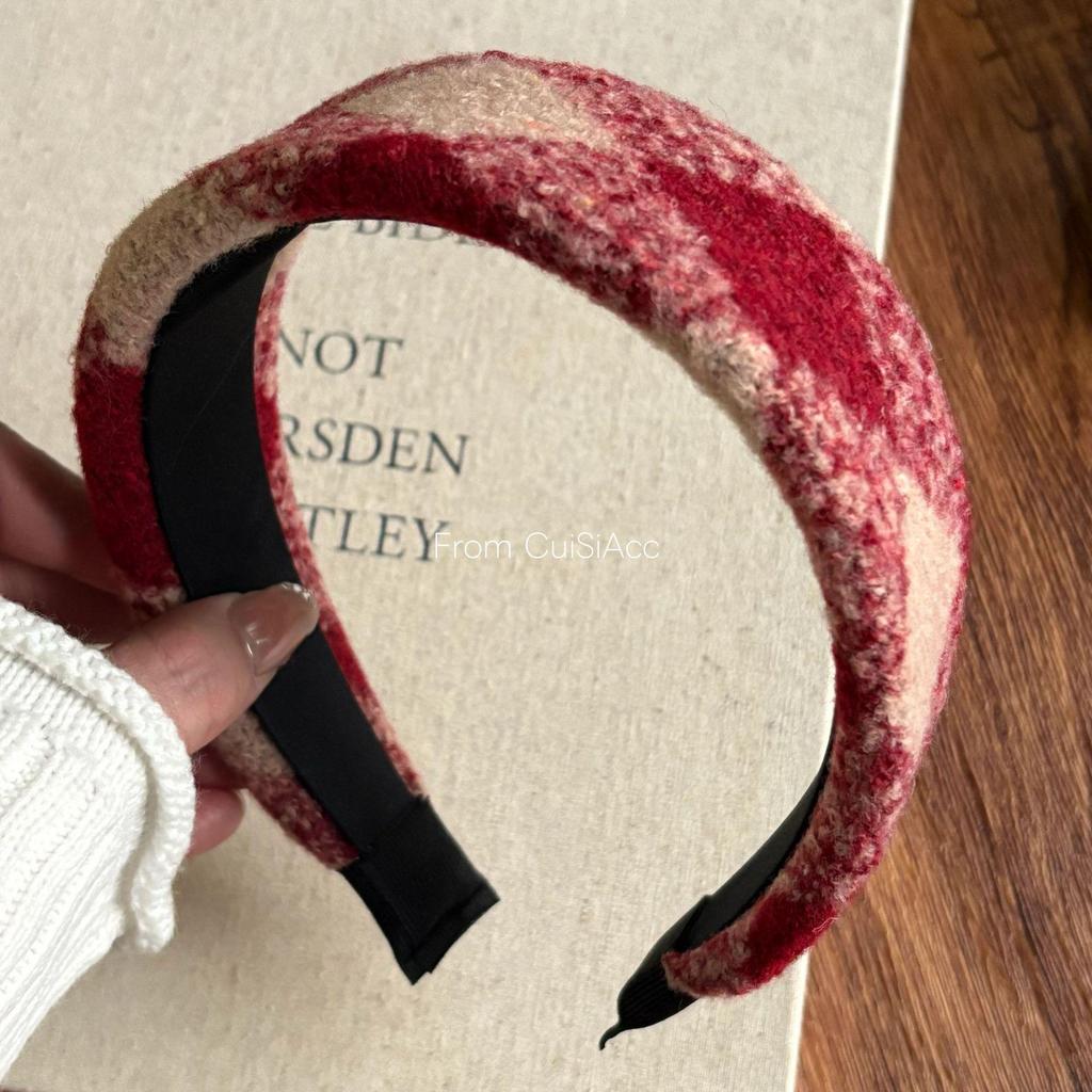 Women's Red Plaid Wool Wide-Brimmed Headband - Perfect for Christmas & New Year Outings