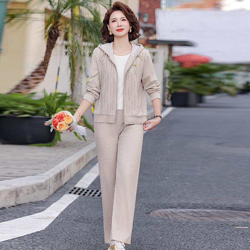 

Stylish Casual Hooded Two-Piece Set for Moms: Spring/Autumn Jacket and Wide-Leg Pants 4XL (135-145 jin) хакі
