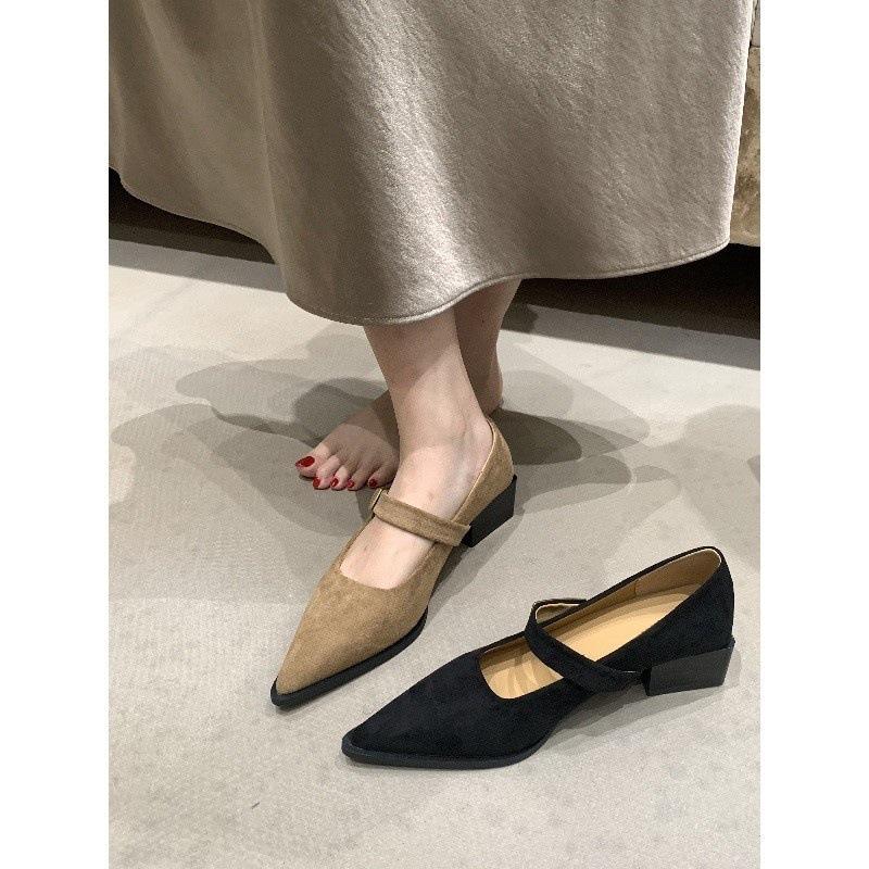 Pointed Head Shallow Mouth Mary Jane Shoes Autumn Shoes One-word Strap with Skirt Thick Heel Single Shoes