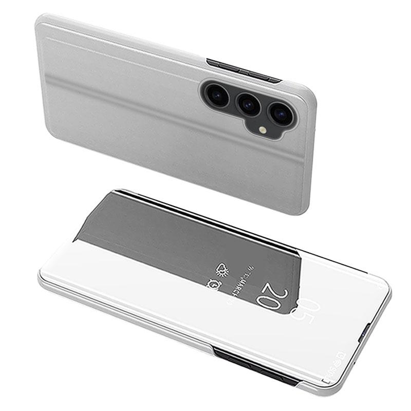 

Mirror Surface Shell for Samsung Galaxy S23 FE,Electroplating View Window PU Leather Case Phone Stand Cover Silver