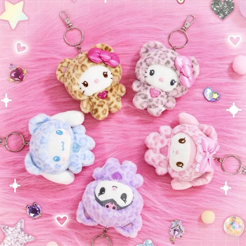 Sanrio Leopard Print Bear Series Hello Kitty Plush Keychain Bag Pendant Ornament Sweet Birthday Gift For Kids And Girls