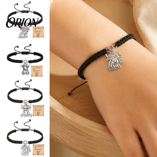 Small Animal Themed Gifts Cute Highland Cow Bracelet for Women, Metal Charm Adjustable Woven Rope Wristband with Card, Handmade Braided String