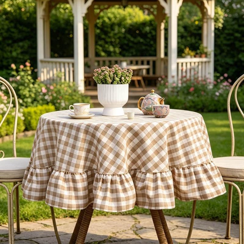Beige Gingham Plaids Round Tablecloth with Ruffled Edges Cotton Linen Blend Checkered Table Cover for Dining Room, Cafes, and Tea Table Decors