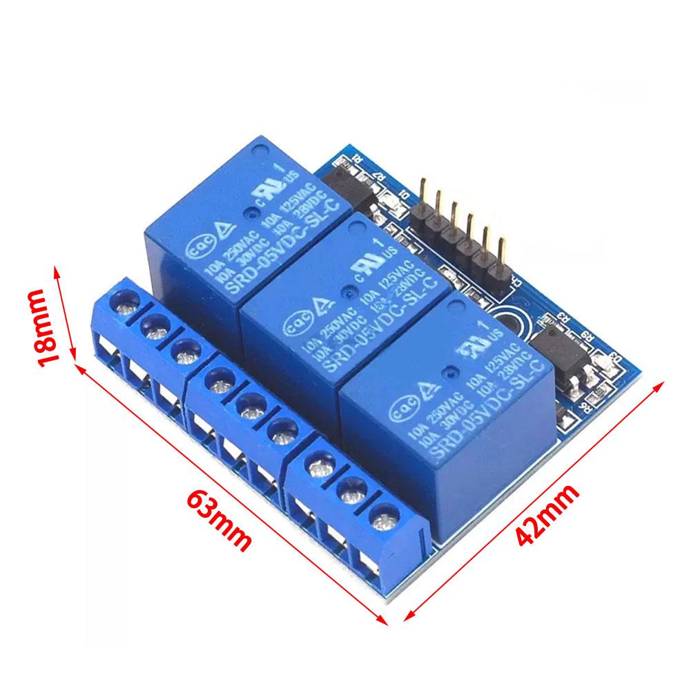 3 Channel DC 5V Relay Module with Optocoupler for Arduino Microcontroller Projects Compact 63mm by 42mm by 18mm