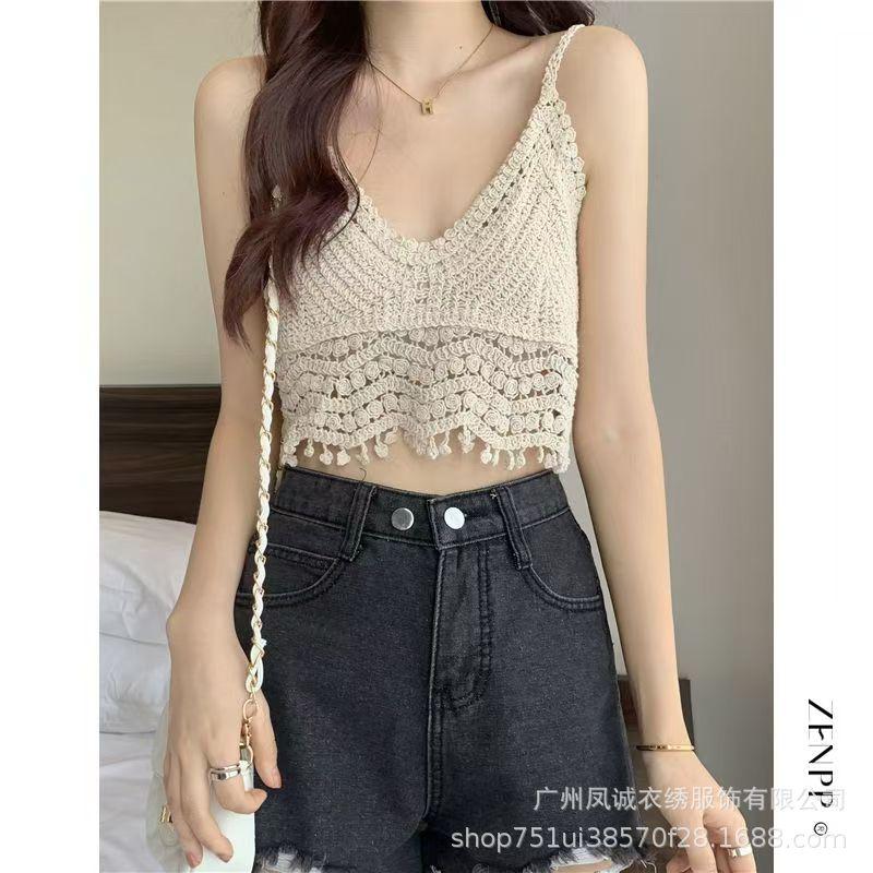 Be careful with the machine versatile vacation women's summer new suspender hollow crochet embroidery short vest women