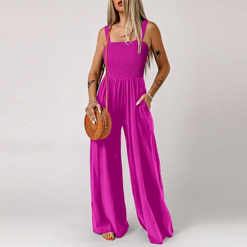 2024 Summer New Arrival Black Square Collar Smocking Jumpsuit Women European and American Leisure Slim Looking Suspenders Loose Pants Women