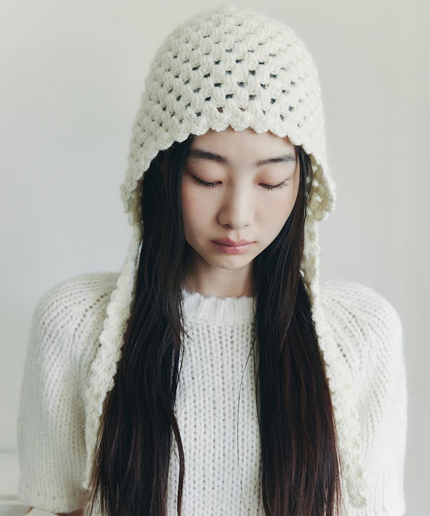 Selliteiljeu Handmade Crochet Earflap Beanie_Ivory