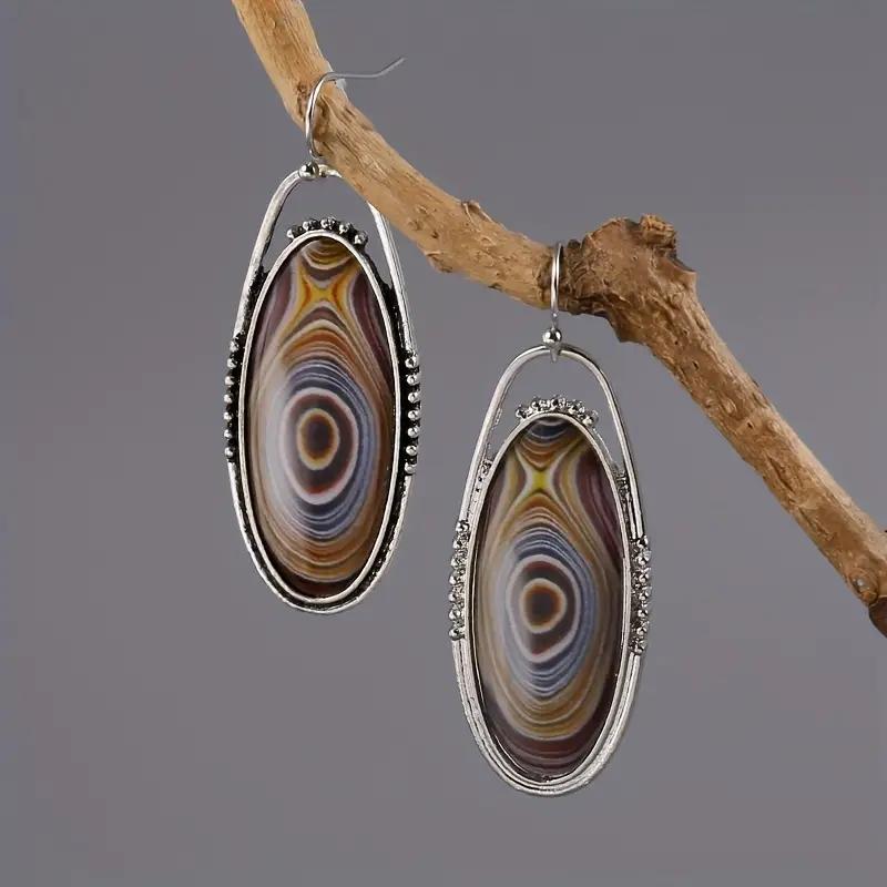 Delicate Oval copper Color Earrings for Women Boho Handmade Metal Inlaid Round Brown Stone Dangle Earrings Jewelry Gift