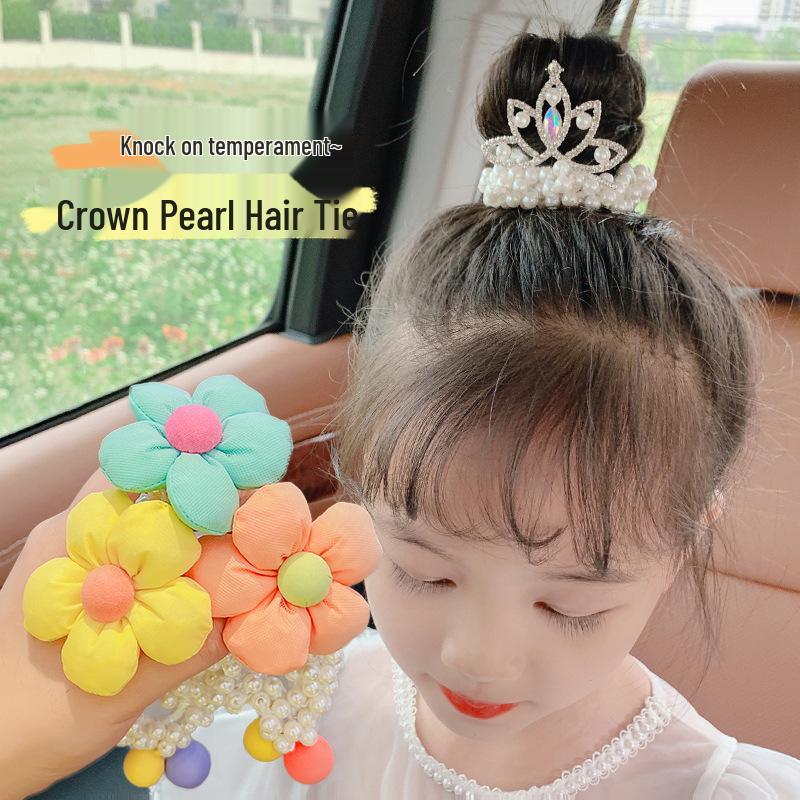 Princess Crown Pearl Hair Ties for Girls - Korean Style Bun and Ponytail Accessories
