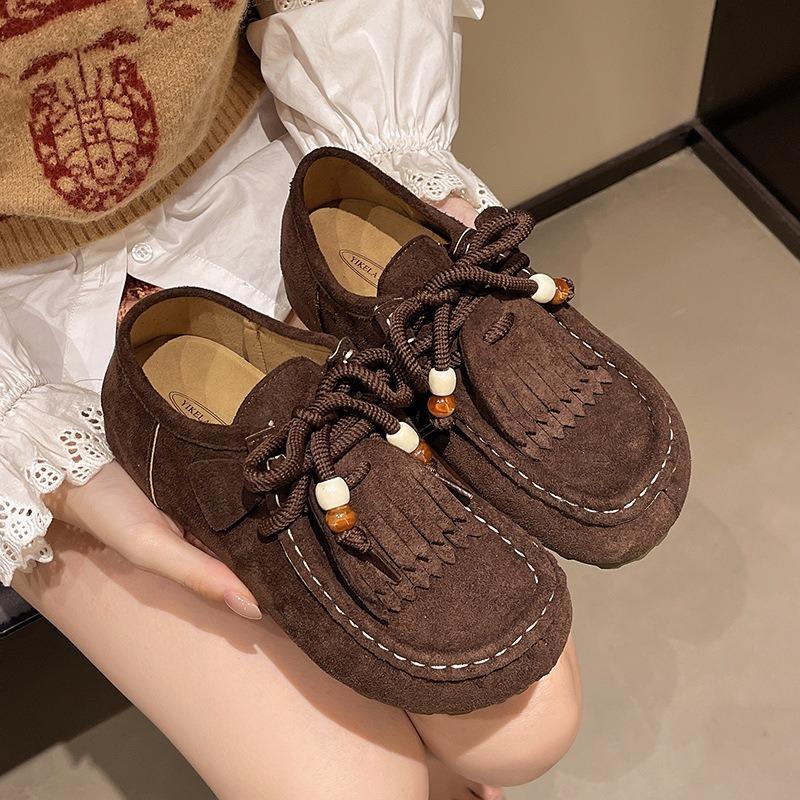 Kangaroo women's autumn new soft-soled flat-soled lace-up casual fringed single shoes women