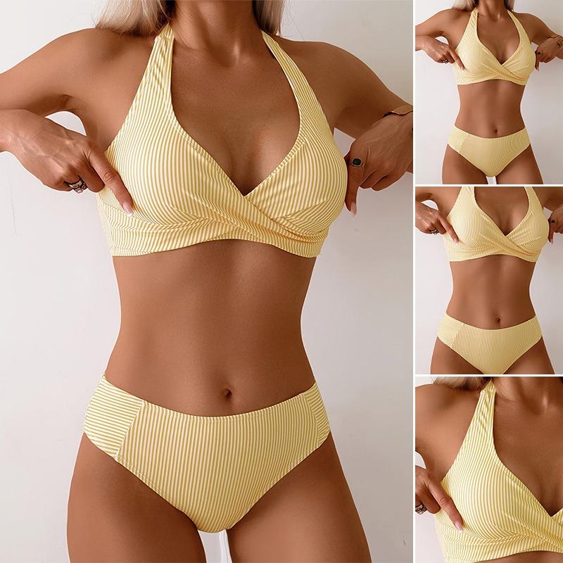 Bikini Striped Single Neck Top Swimsuit New European and American Lace-up Sexy Bikini Swimsuit Women's