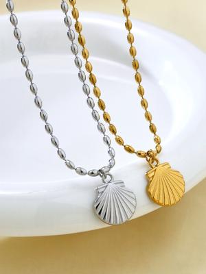 Sommer Strand Serie Mode Einfach Charme Vintage Stil Edelstahl 18K Gold Plated Perlen Muschel Anhänger Halskette Für Frauen