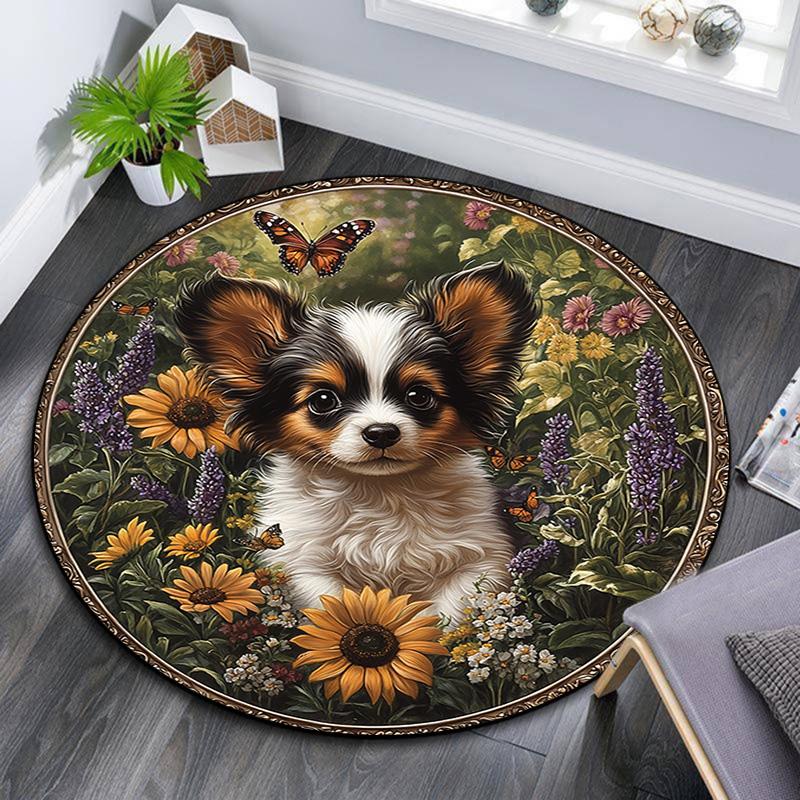 Puppy In Sunflowers Round Area Rug,Carpet Rug for Living Room Bedroom Sofa Playroom Decor,Non-slip Floor Mat