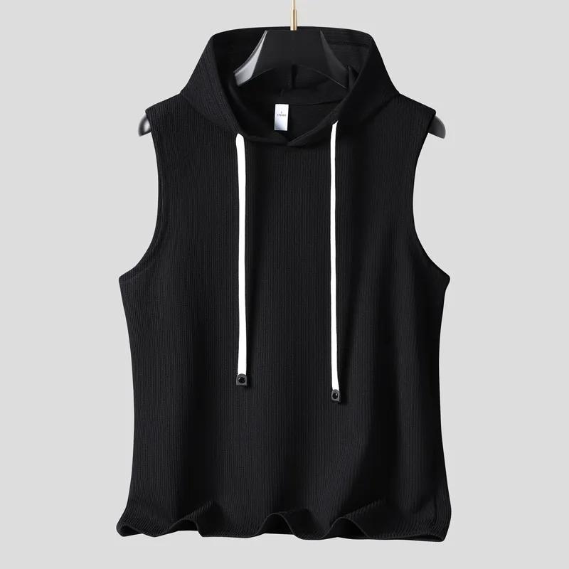 Mens Casual Solid Color Sleeveless Hoodie Vest M чёрный