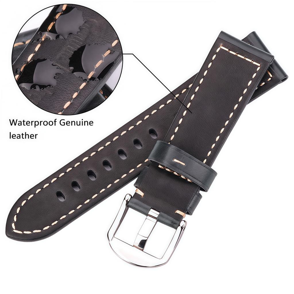 20mm 22mm 24mm 26mm First Layer Oil Wax Cowhide Padded Leather Watch Strap Screw-in Stainless Buckle Vintage Style Band
