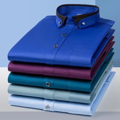 Men's Stretch Long Sleeve Contrast Collar Non-Iron Shirt - Business Casual, Spring/Autumn