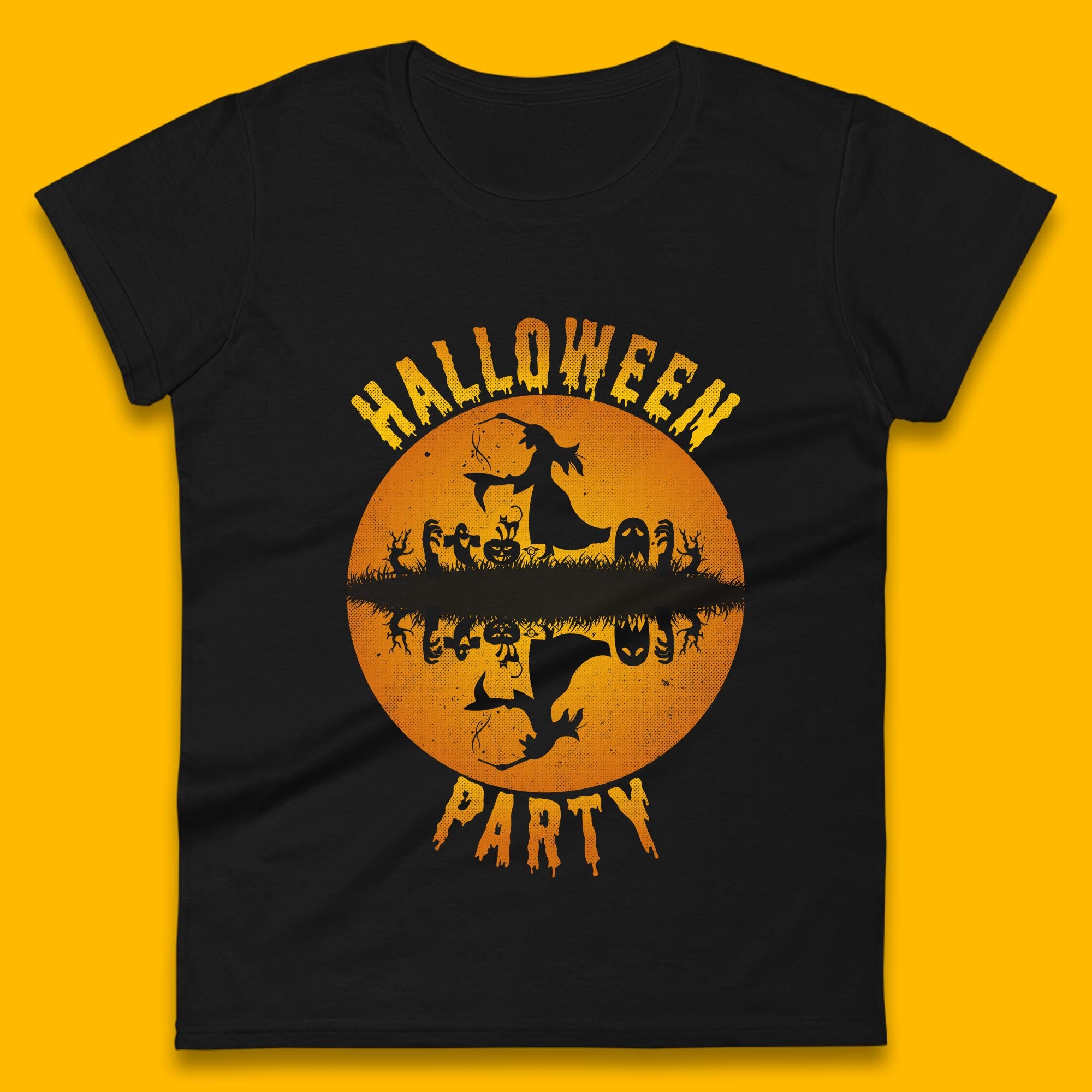 Halloween Party Flying Witch Horror Scary Spooky Season Scary Boo With Full Moon Womens Tee T Shirt Mens Tops Unisex Top S