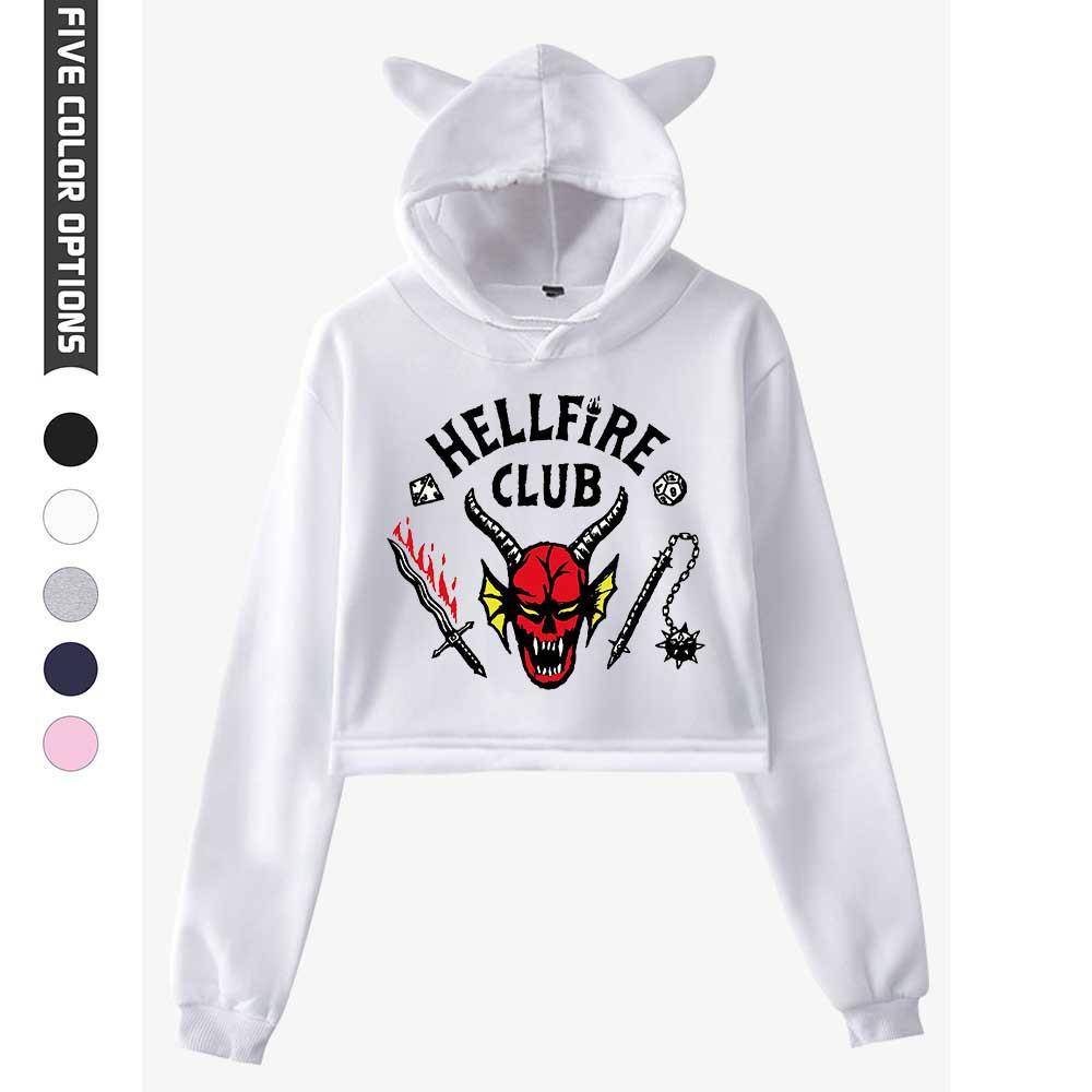NOWOŚĆ Damska Modna Bluza z Kapturem Crop Top z Długim Rękawem z Nadrukiem Klubu Piekielnego Hoody dla Dziewcząt