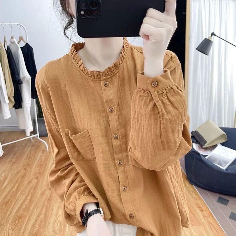 Women Pure Cotton Long Sleeved Shirt for Women Spring Autumn Loose Retro Top Pleated Base Shirt