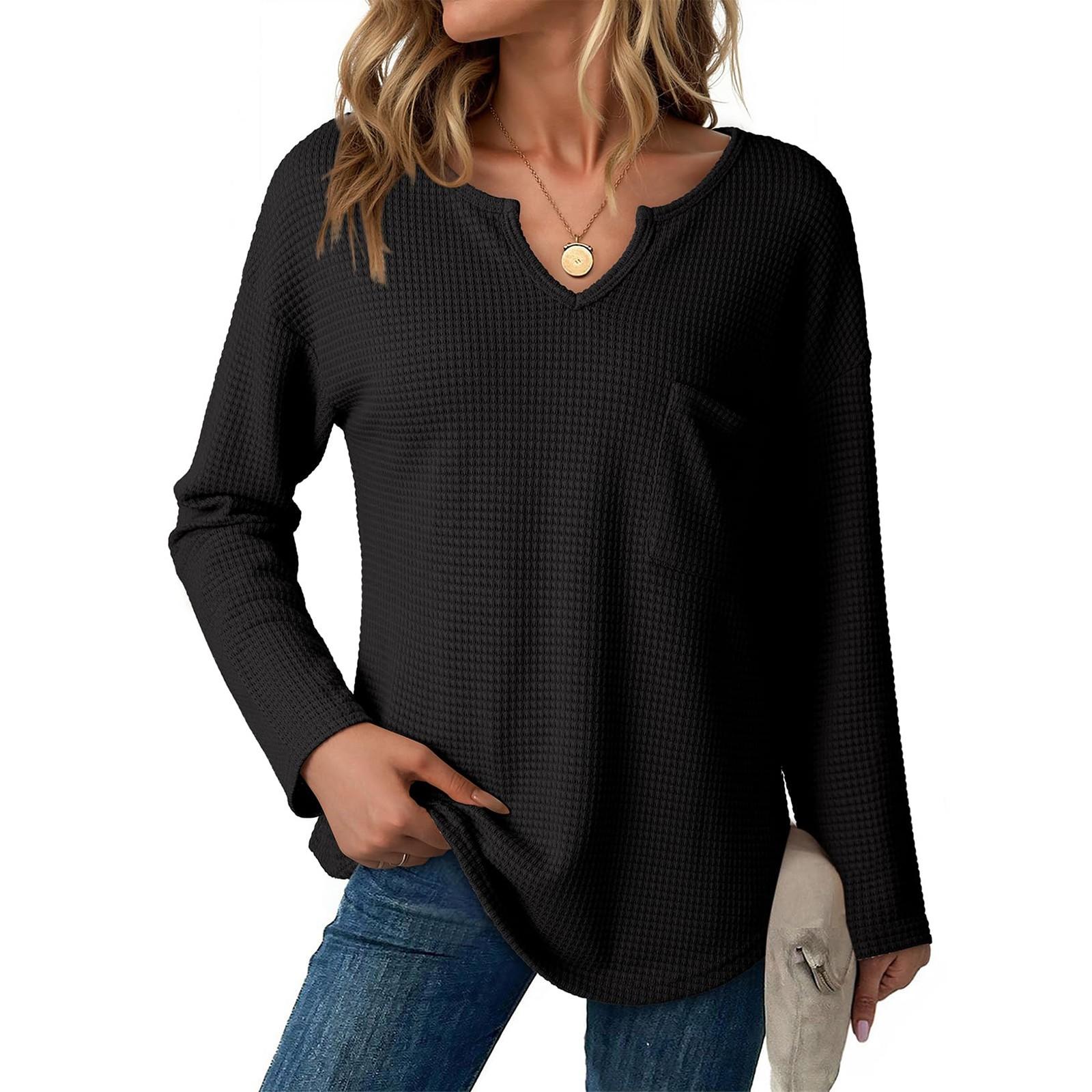 

Женская повседневная модная футболка с V-образным вырезом, свободного кроя, однотонный топ с длинным рукавом XL чёрный