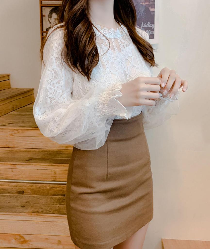 Yino Spitzenhemd Tüll Lang Herbst Damen Bluse, Oberteil, Stilvoll, Süß, Figurschmeichelnd, Ärmel, Formell, Büro, Pendeln, Schule, Elegant, Lässig, Atmungsaktiv,