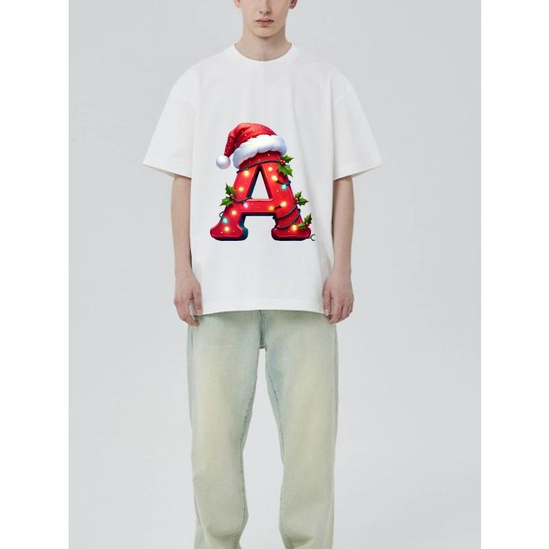 Christmas Letter A T-Shirt Black Santa Hat and Lights Print Holiday Party Wear