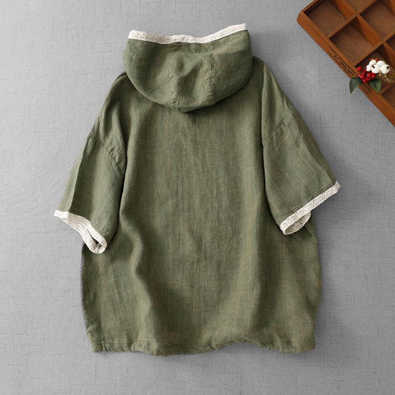 Plus Size Women's Casual Retro Cotton-Linen Short-Sleeve Hooded Top