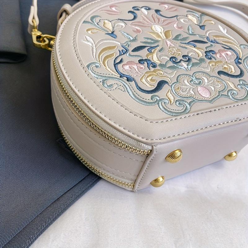 Vintažinė siuvinėta apvali rankinė per petį, rankinė su užtrauktuku, klasikinė, madinga, nišinė krepšys