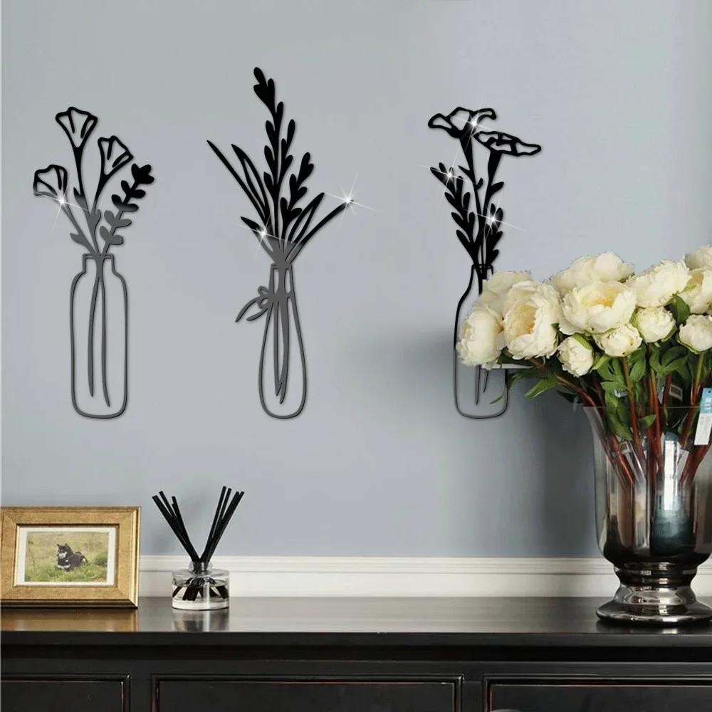 3pcs Flower Vase Mirror Wall Sticker Acrylic Wall Sticker Living Room Bedroom Decoration DIY 3D Self-adhesive Home Decor Sticker