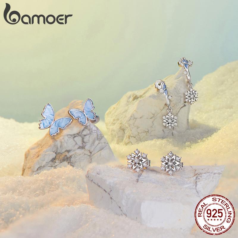 BAMOER 925 Silver Blue Butterfly Adjustable Ring, White Gold Plated Promise Christmas Cute Rings Dainty Chic Jewelry