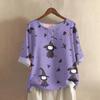 Damen Modisches Und Lässiges Shirt Halbarm Rundhals Print Baumwolle Und Leinen Bluse Top