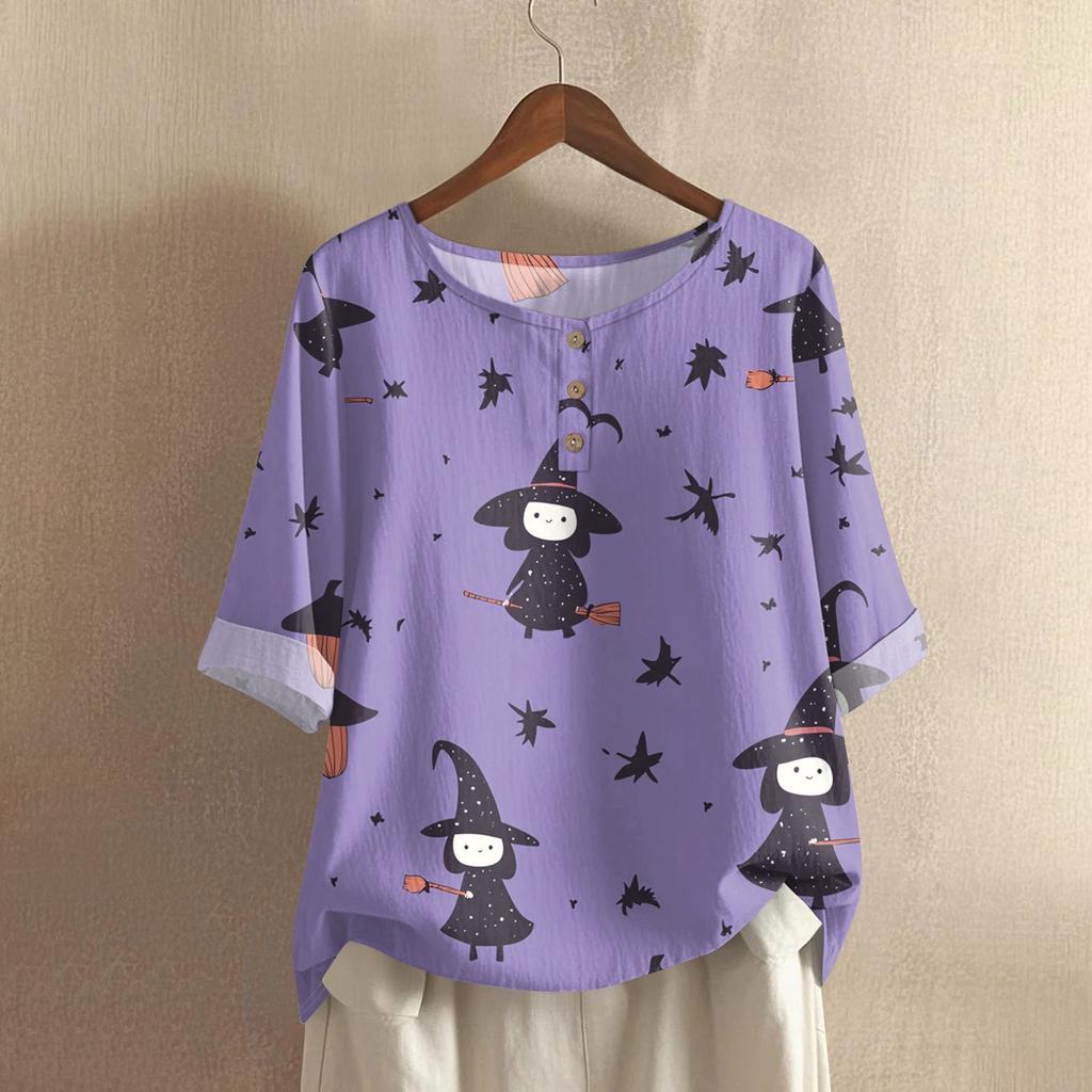 Damen Modisches Und Lässiges Shirt Halbarm Rundhals Print Baumwolle Und Leinen Bluse Top