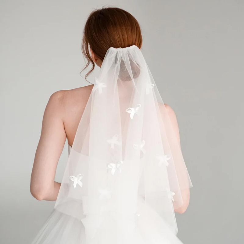 Elegant White Tulle Wedding Veil With Scattered Bowknot Soft Bridal Accessory With Easy Attach Comb for Women Girls