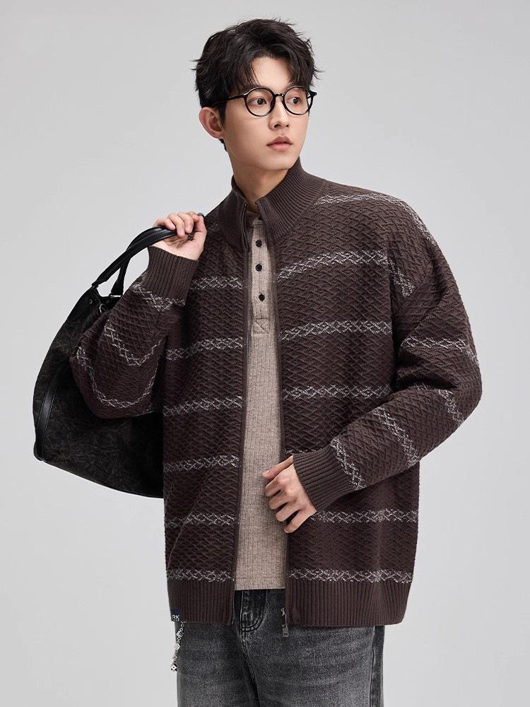Retro Striped Men's Stand-Up Collar Knit Cardigan Sweater - Autumn Casual Loose Fit