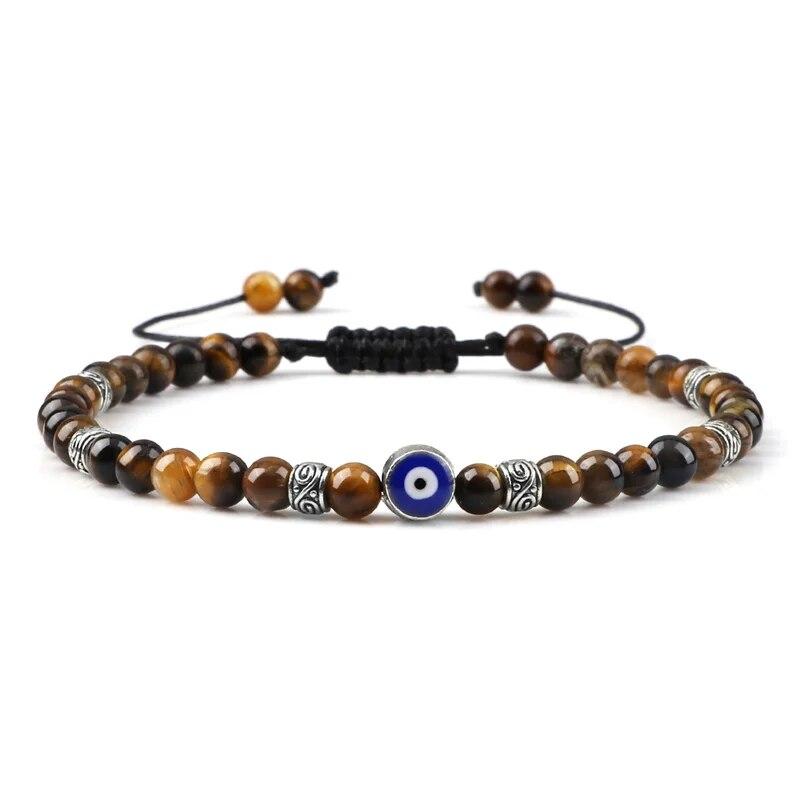Bracciale Occhio Maligno 4mm Perline di Pietra Lavica Nera Opaca Naturale Bracciale Intrecciato Fatto a Mano per Uomo Donna Yoga Reiki Gioiello Regolabile