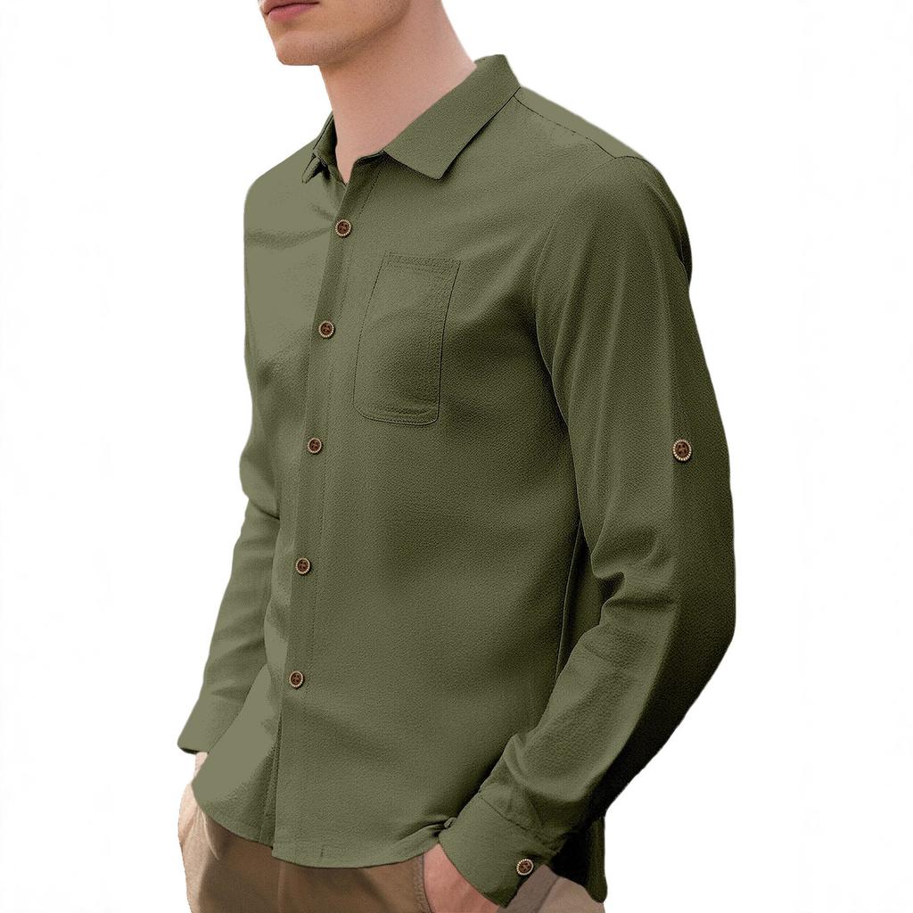 Men's Autumn Linen Cardigan Shirt Solid Color Lapel Casual Long Sleeve Loose Fit Breathable Business Casual Classic