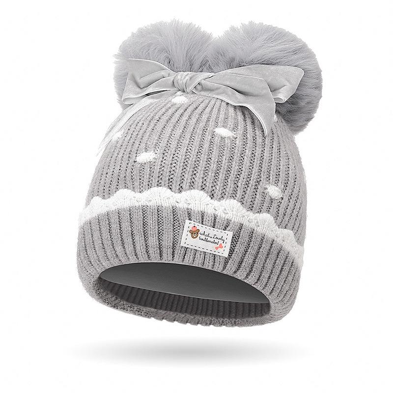 Chapéu de outono inverno infantil, laço de bola de cabelo de menina, proteção de orelha de malha quente, chapéu de lã para bebê