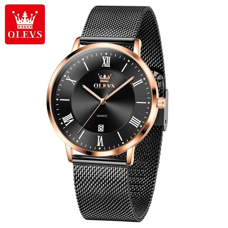 

OLEVS Мужские часы Классические простые кварцевые часы Автоматическая дата Водонепроницаемые сетчатые стальные ремешки Мужские часы Лучший бренд чёрный/розового золота