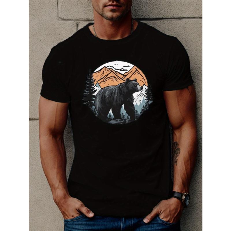 

European sizes Men s Bear Graphic Short Sleeve T-Shirt - Casual Round Neck, Polyester, Machine Washable - Summer Top, Polyester, Machine Washable 4XL чорний