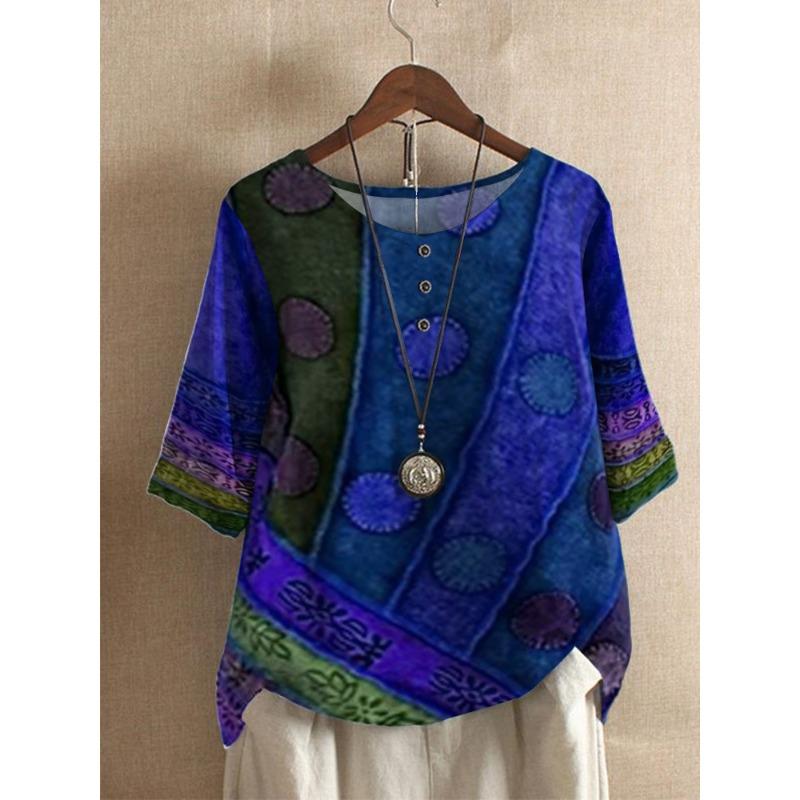 

YYFS Женская мода Повседневная Лето Весна Цветные Блоки Принт Блузки и Рубашки Рукава 1/2 V-образный вырез XXXXXL синий