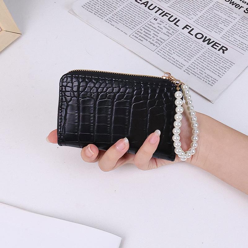 Women's Korean Style Short Wallet with Pearl Chain, Stone Texture, Card Slots, and Money Clip