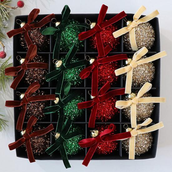 Glitter Christmas Balls Ornament Sparkly Shatterproof Tinsel Balls with Bow Sequin Hanging Ball Xmas Tree Decoration for Xmas Wedding Indoor