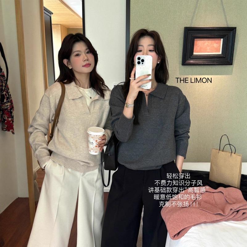 Black polo neck long-sleeved knitted sweater for women's autumn and winter lazy style loose casual v-neck sweater top